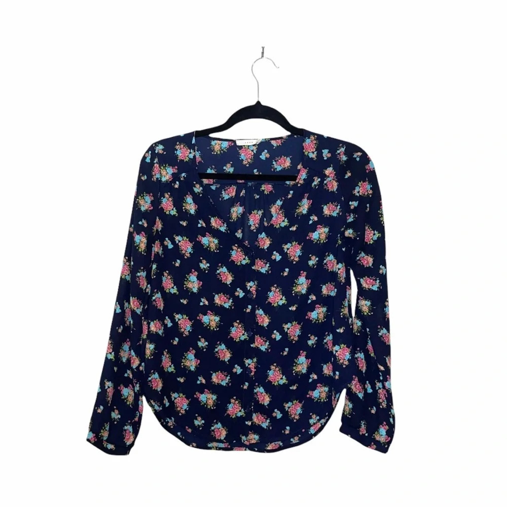 Lush Multicolor Floral Blouse Navy Blue V-neck Long Sleeve Xsmall Women’s